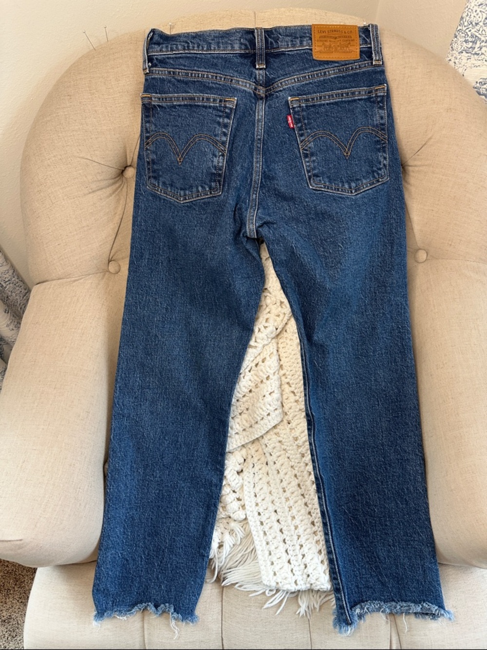 Levi’s Big E remake, wedgie straight button fly raw hem jeans, size 26